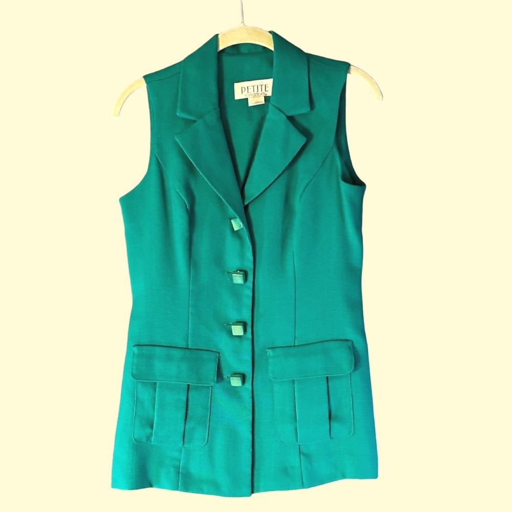 Petite Sophisticate Sleeveless Blazer Women 4 Teal Excellent 90s Cargo Pockets